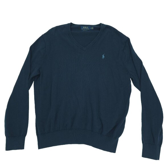 Polo Ralph Lauren Sweater Mens Large Navy Blue Pima Cotton Pony Pullover V-neck - Picture 1 of 6